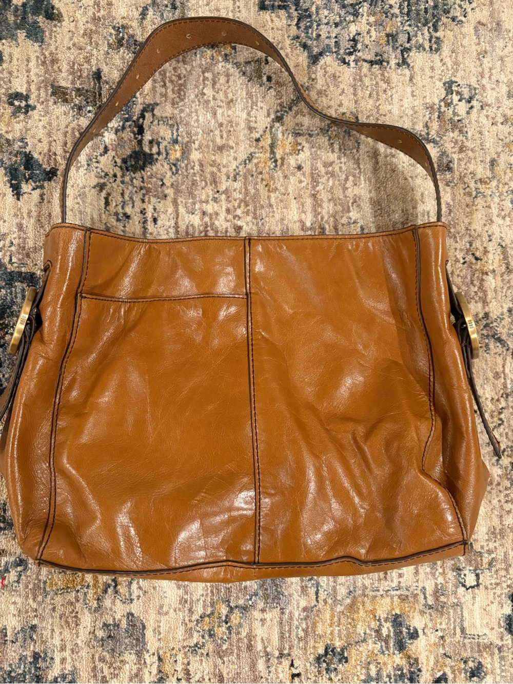 Leather Hobo Render Shoulder Bag in Cognac Brown Gold Hardware